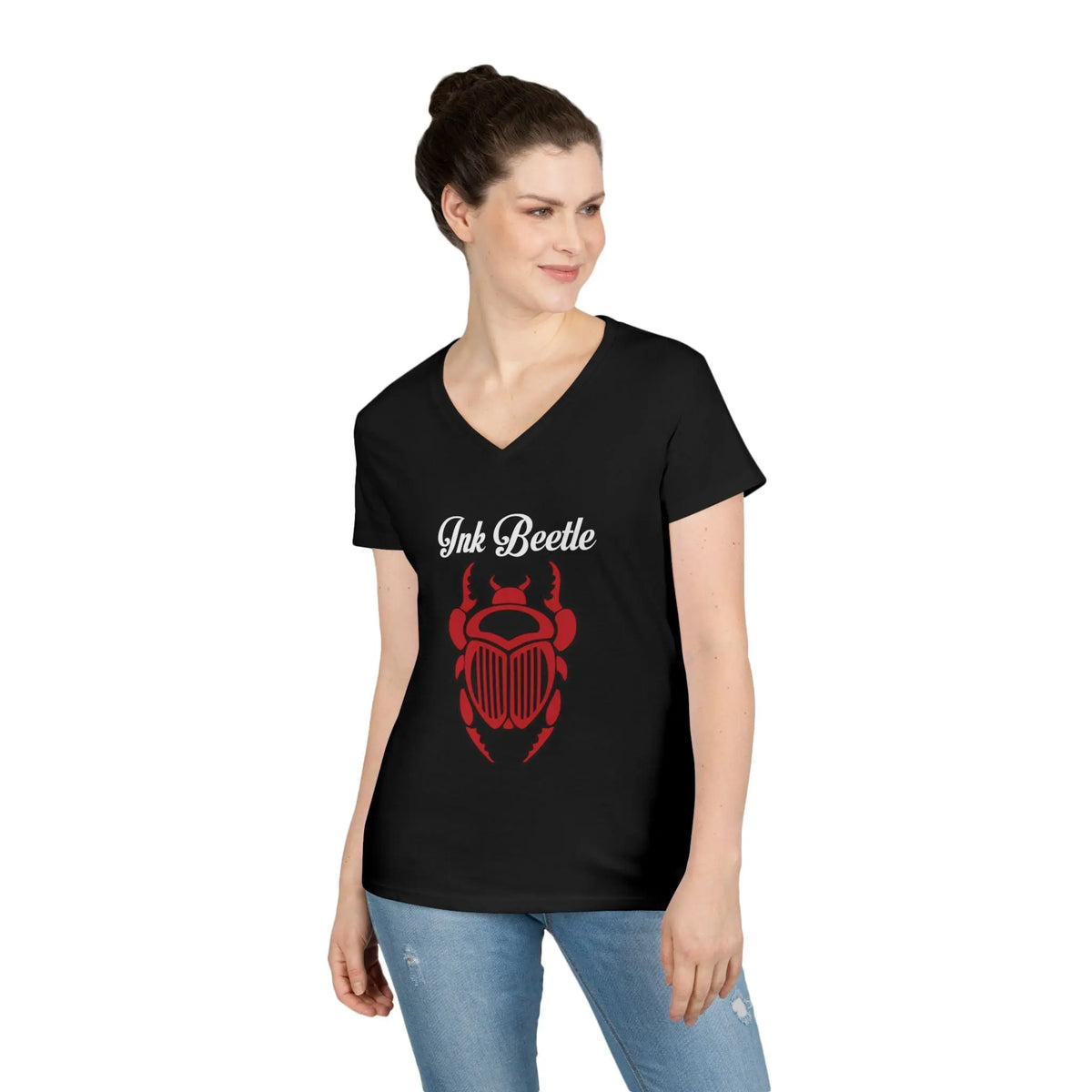 Ink Beetle Women's V-Neck Tee — Red Scarab Graphic Printify